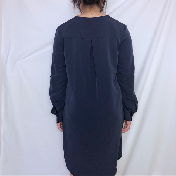 NWOT JACOB Collarless Blue/ Navy Satin Shirt Dress - Picture 5 of 6